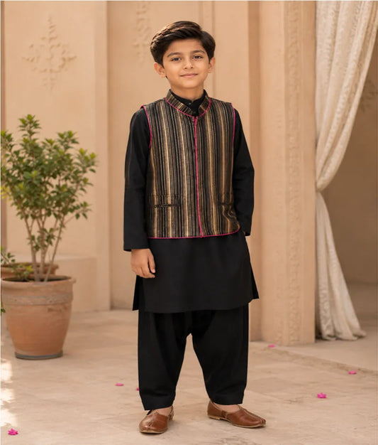 Luxe Golden Strips Jacket with Black Kurta Salwar for Boys