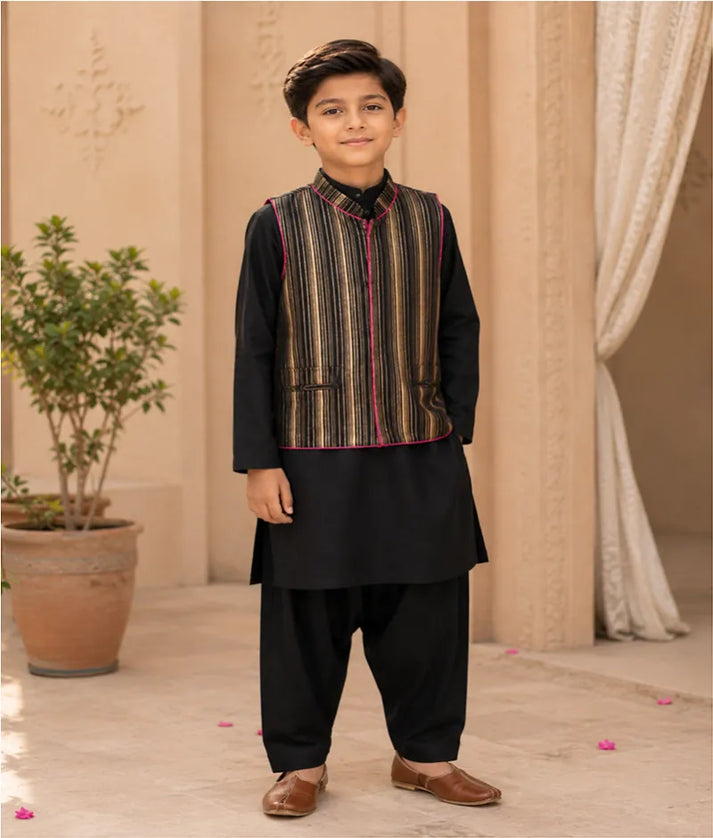 Luxe Golden Strips Jacket with Black Kurta Salwar for Boys