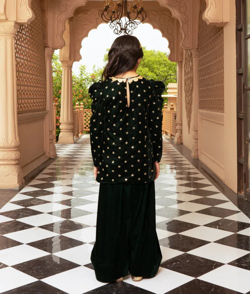 Luxe Green Boti Velvet Kurti Salwar Set