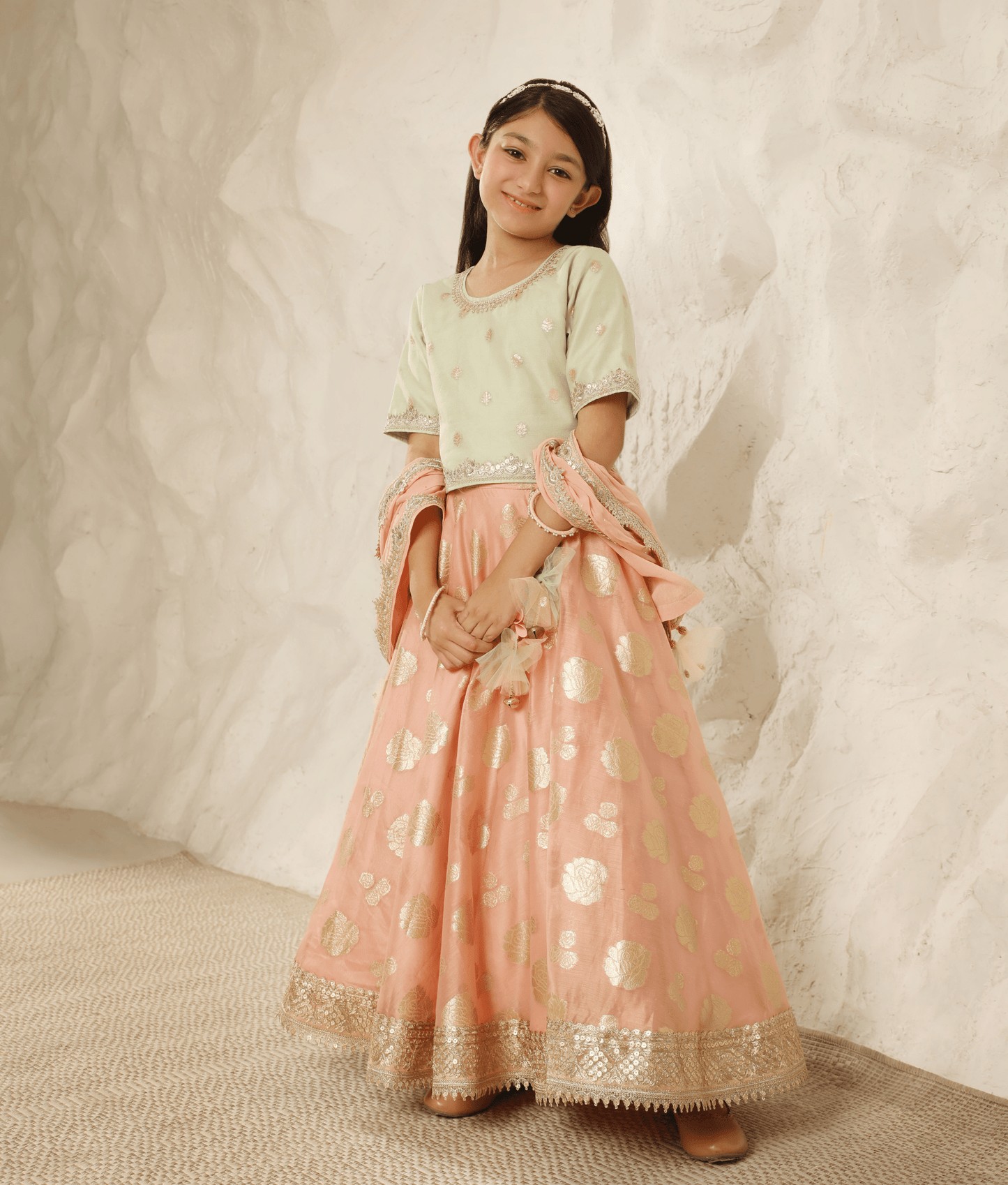 Luxe Green Chanderi Choli with Lehenga for Girls