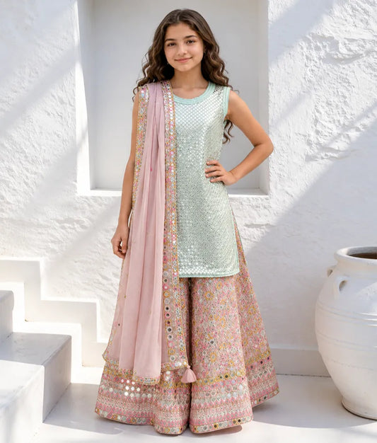 Luxe Green Embroidered Kurta Sharara Set