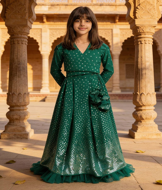 Luxe Green Embroidered Lehenga Choli Set for Girls