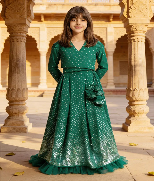 Luxe Green Embroidered Lehenga Choli Set for Girls