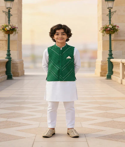 Luxe Green Embroidery Nehru Jacket Off White Kurta Pant for Boys