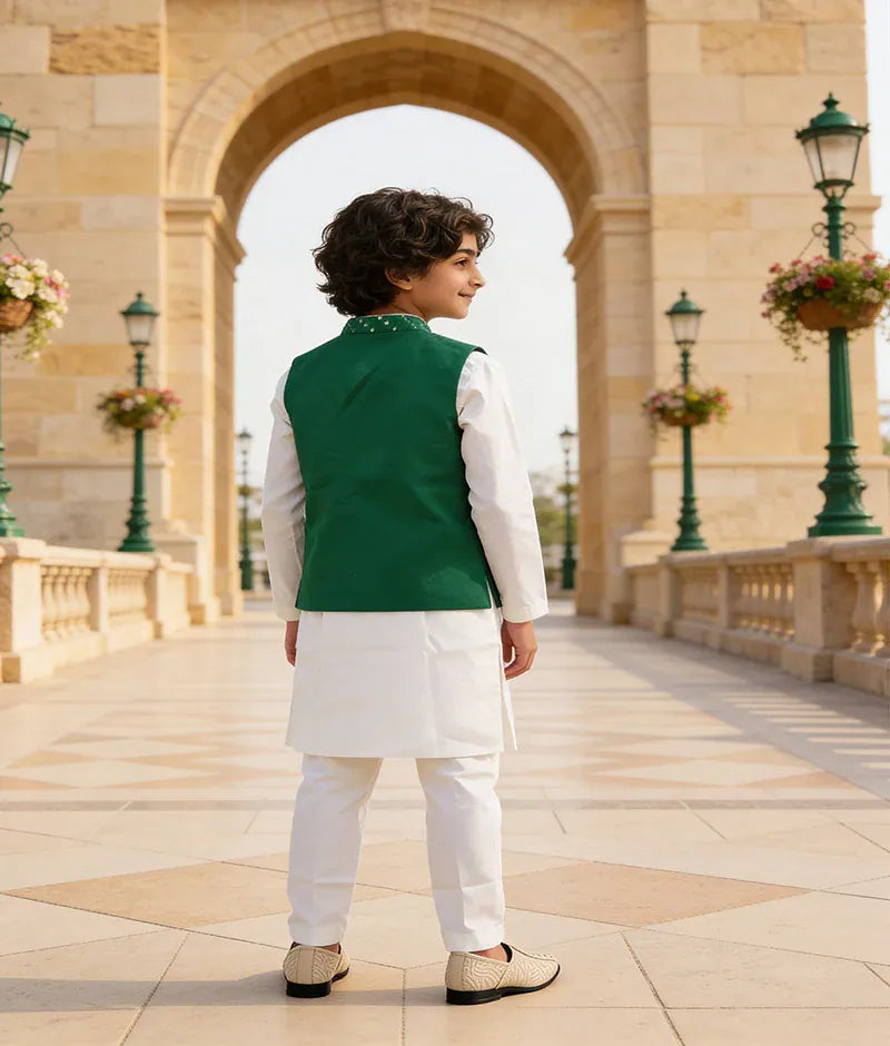 Luxe Green Embroidery Nehru Jacket Off White Kurta Pant for Boys