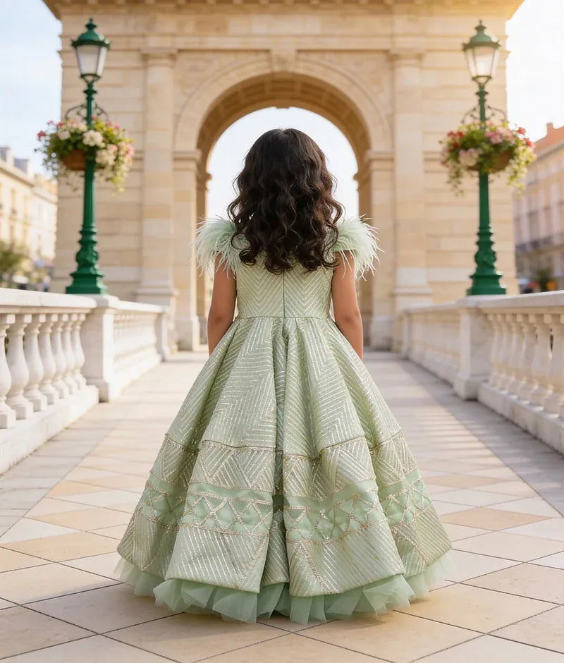 Luxe Green Gota Embroidery Gown for Girls
