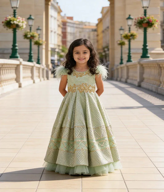 Luxe Green Gota Embroidery Gown for Girls