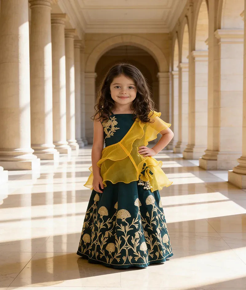 Luxe Green Gota Lehenga with Choli Yellow Organza Dupatta for Girls