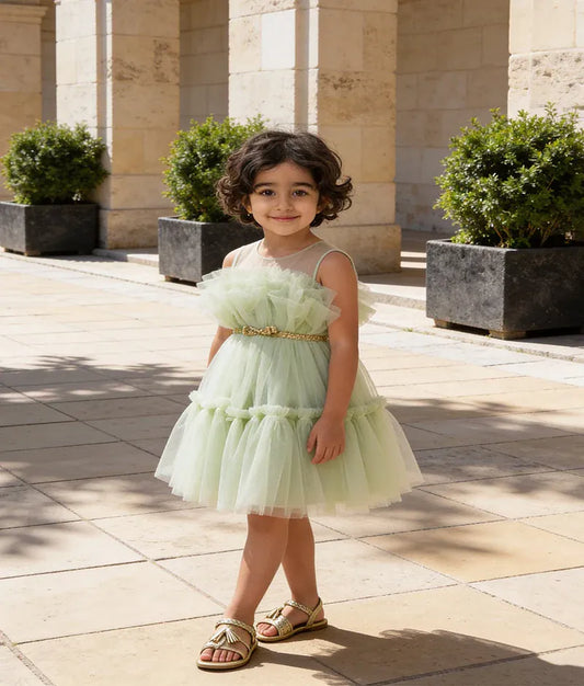Luxe Green Net Frock for Girls