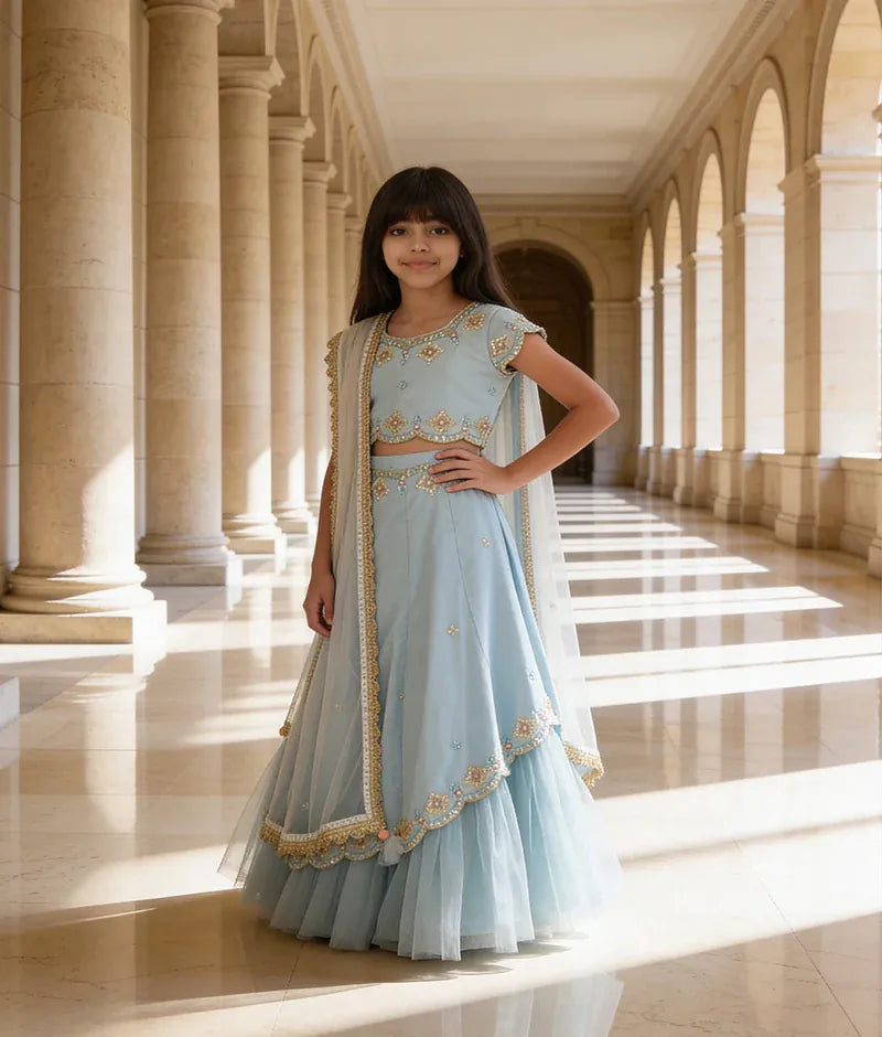 Luxe Green Organza Lehenga Choli and Peach Dupatta for Girls