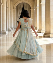 Luxe Green Organza Lehenga Choli and Peach Dupatta for Girls