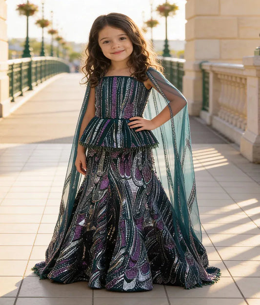 Luxe Green Peplum Cut Dana Top with Lehenga Set