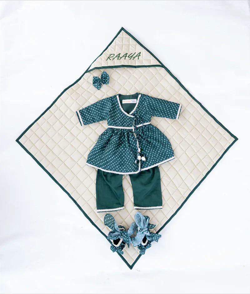 Luxe Green Printed Kurti with Pant Jamna Set for Girls