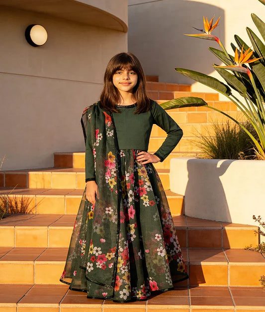 Luxe Green Printed Organza Lehenga Top Dupatta for Girls