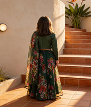 Luxe Green Printed Organza Lehenga Top Dupatta for Girls