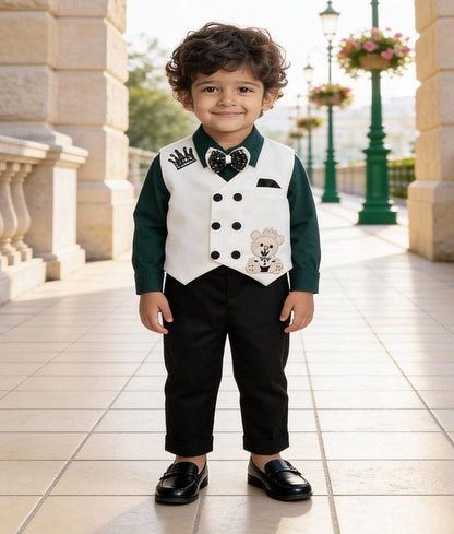 Luxe Green Shirt Off white Waist Coat Pant for Boys
