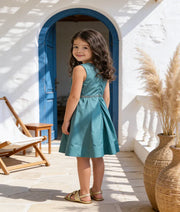 Luxe Green Taffeta Silk Dress with 3D Flower for Girls