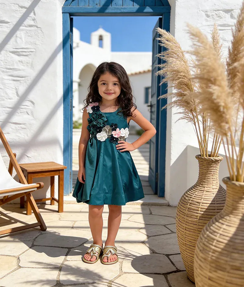 Luxe Green Taffeta Silk Dress with 3D Flower for Girls