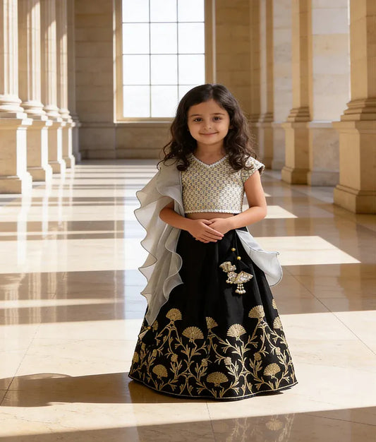 Luxe Grey Embroidery Black Gota Lehenga with Choli Organza Dupatta for Girls