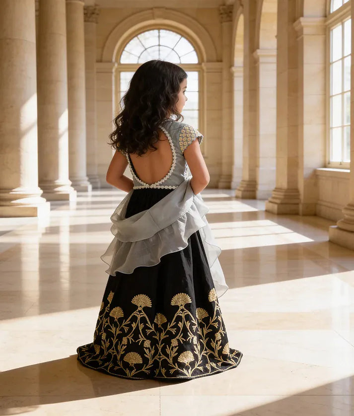 Luxe Grey Embroidery Black Gota Lehenga with Choli Organza Dupatta for Girls