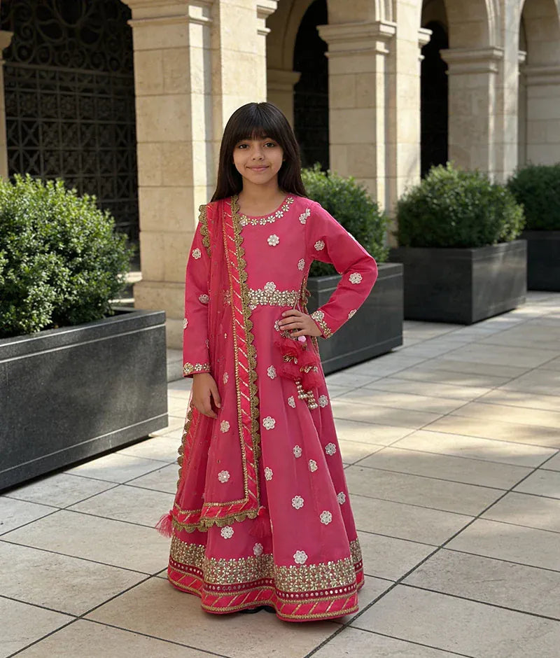 Luxe Hot Pink Mirror Booti Anarkali with Boti Net Dupatta for Girls