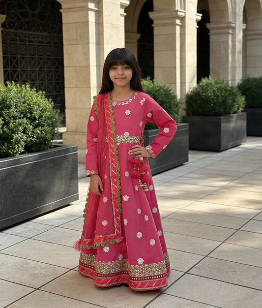 Luxe Hot Pink Mirror Booti Anarkali with Boti Net Dupatta for Girls