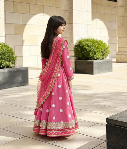 Luxe Hot Pink Mirror Booti Anarkali with Boti Net Dupatta for Girls