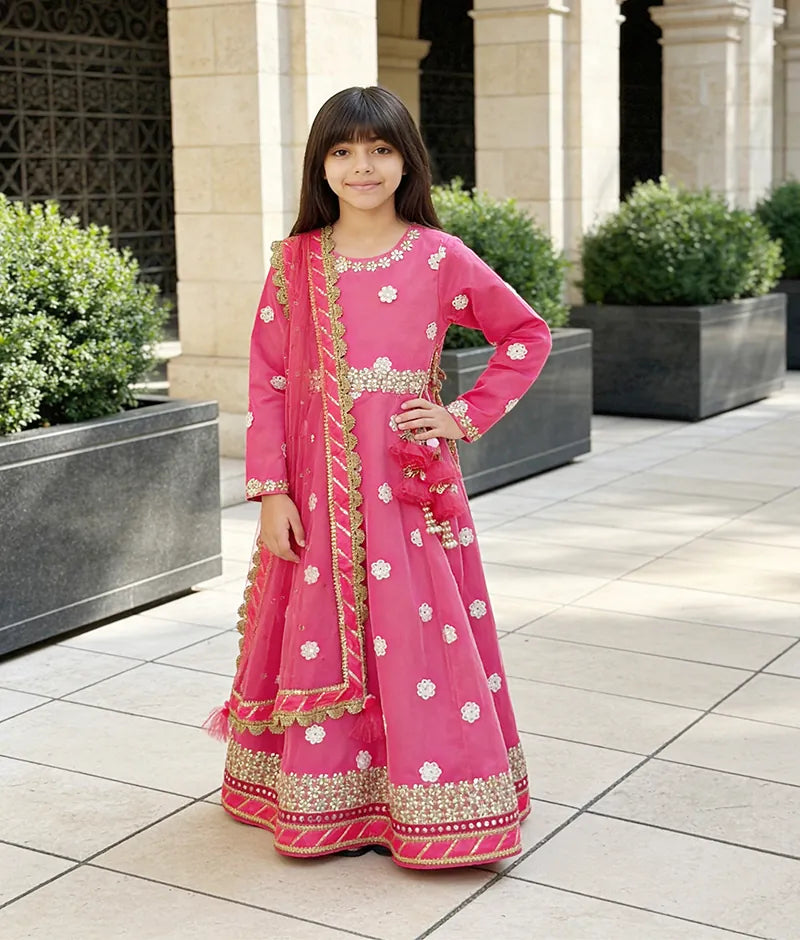Luxe Hot Pink Mirror Booti Anarkali with Boti Net Dupatta for Girls
