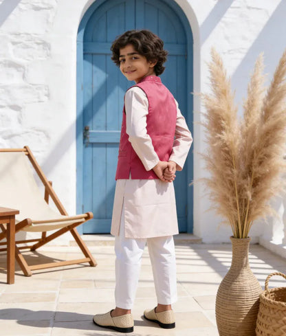 Luxe Hot Pink Mirror Work Jacket with Pink Kurta Pant for Boys