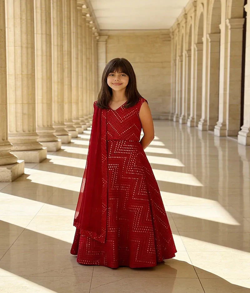 Luxe Hot Pink Mirror Work Lehenga with Choli Georgette Dupatta for Girls