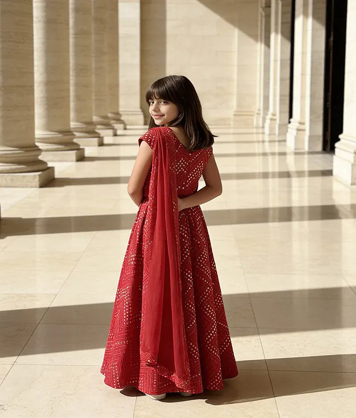 Luxe Hot Pink Mirror Work Lehenga with Choli Georgette Dupatta for Girls