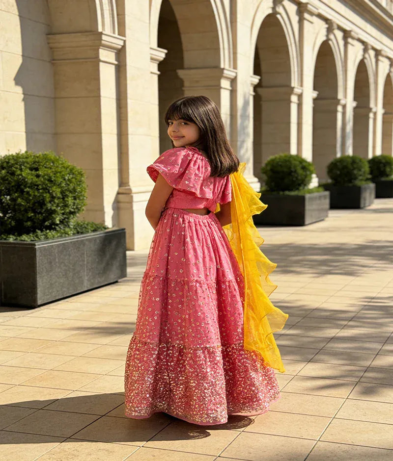 Luxe Hot Pink Sequins Lehenga with Top Organza Dupatta for Girls