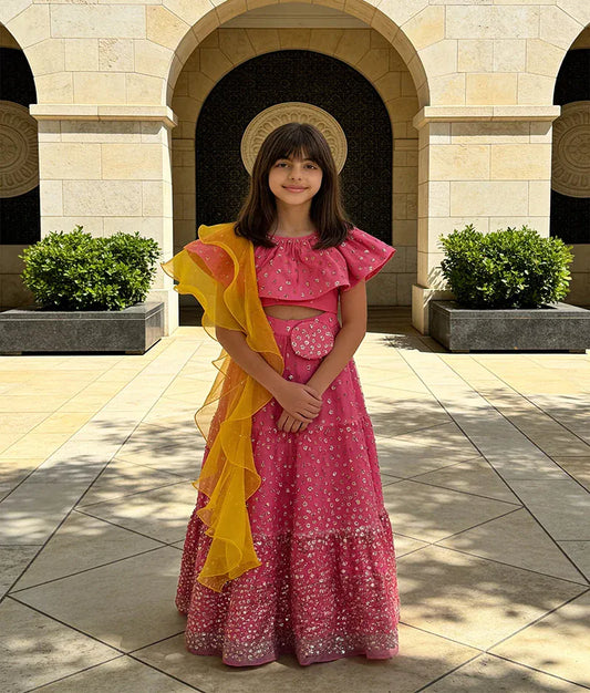 Luxe Hot Pink Sequins Lehenga with Top Organza Dupatta for Girls