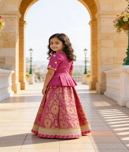 Luxe Hot Pink Silk Hot Pink Brocade Lehenga with Peplum for Girls