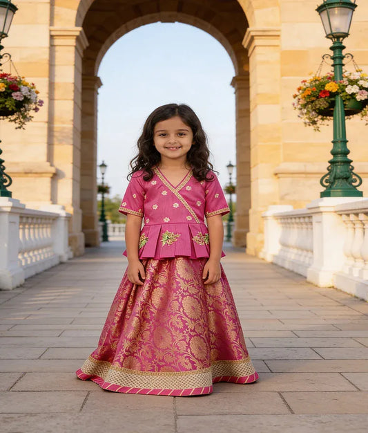 Luxe Hot Pink Silk Hot Pink Brocade Lehenga with Peplum for Girls