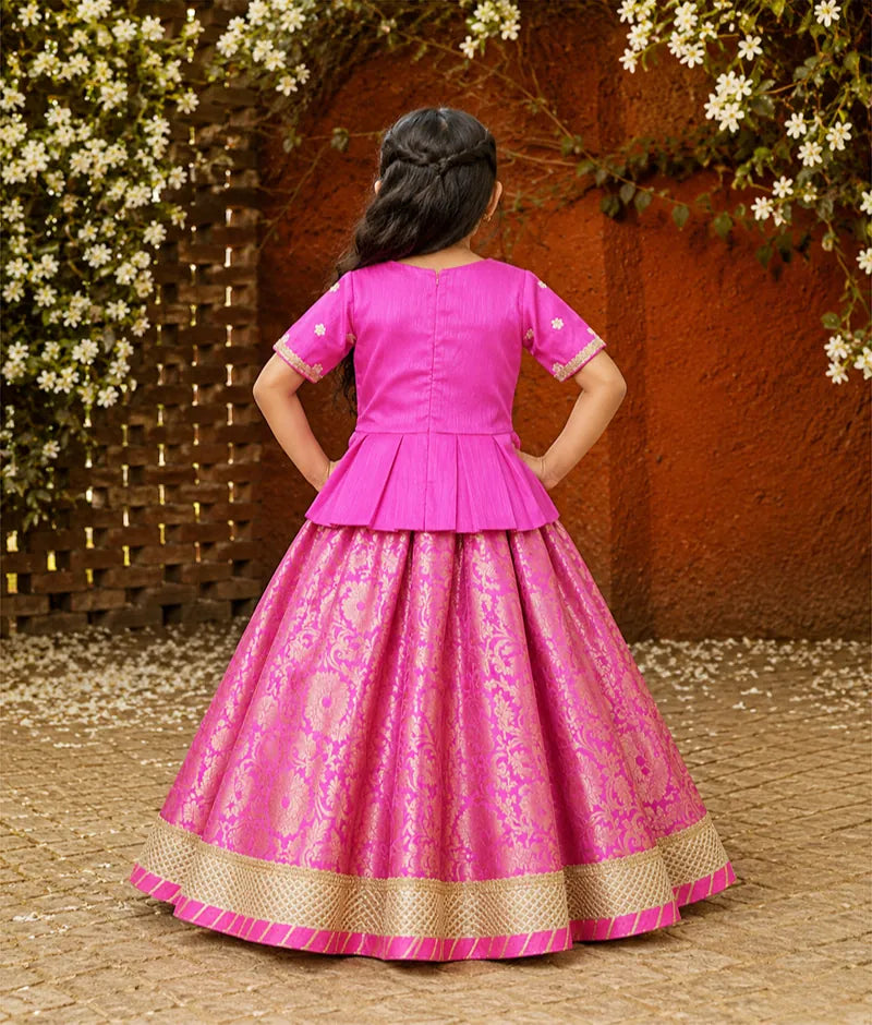 Luxe Hot Pink Silk Hot Pink Brocade Lehenga with Peplum for Girls