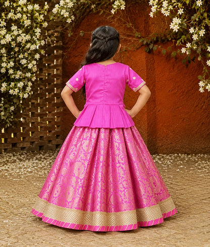 Luxe Hot Pink Silk Hot Pink Brocade Lehenga with Peplum for Girls