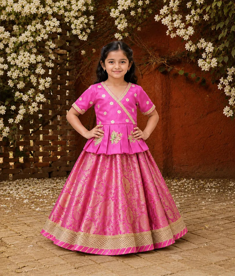 Luxe Hot Pink Silk Hot Pink Brocade Lehenga with Peplum for Girls