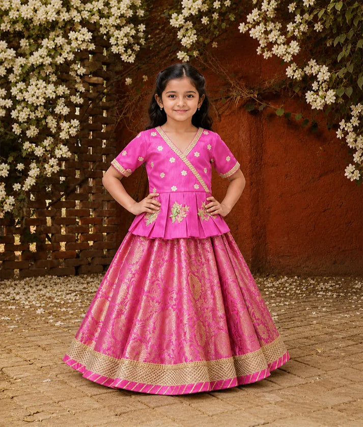 Luxe Hot Pink Silk Hot Pink Brocade Lehenga with Peplum for Girls