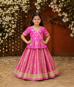 Luxe Hot Pink Silk Hot Pink Brocade Lehenga with Peplum for Girls