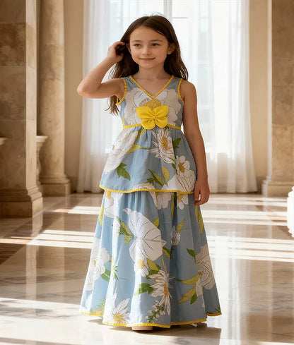 Luxe Light Blue Printed Peplum Top with Lehenga