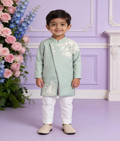 Luxe Light Green Embroidery Achkan with Pant for Boys