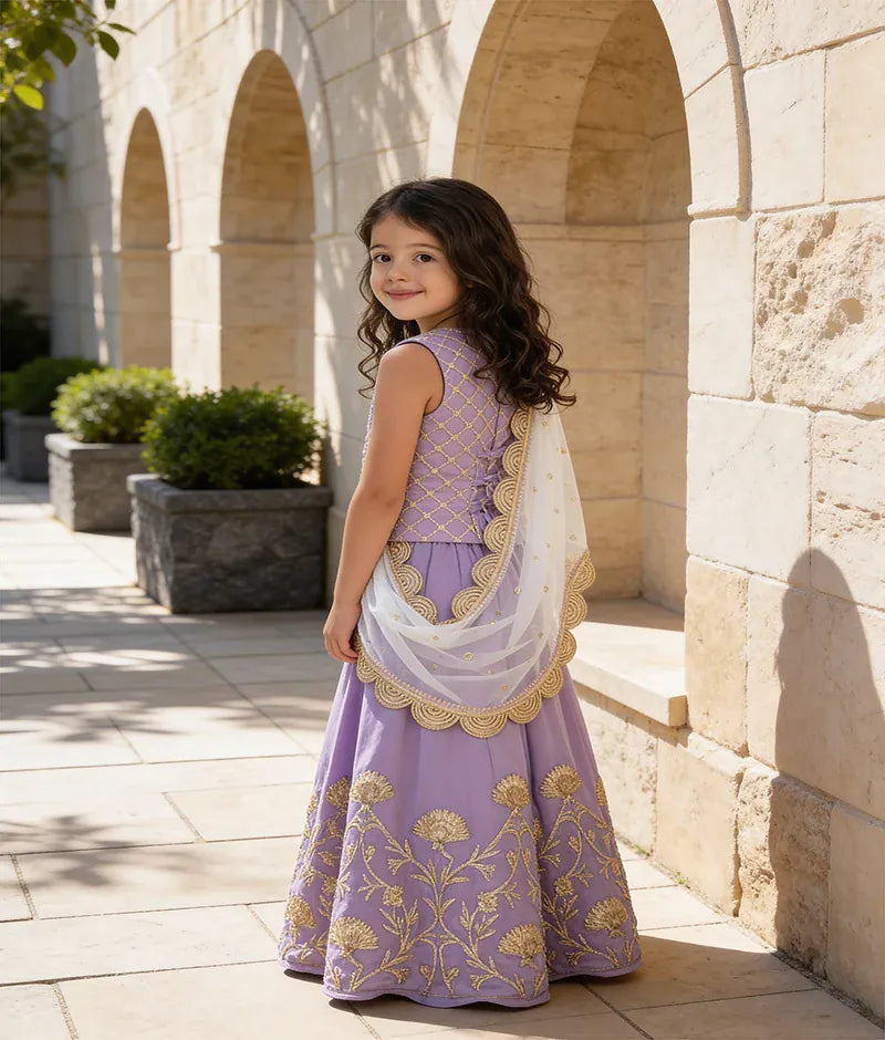 Luxe Light Purple Embroidery Light Purple Gota Embroidery Lehenga with Choli Boti Net Dupatta for Girls