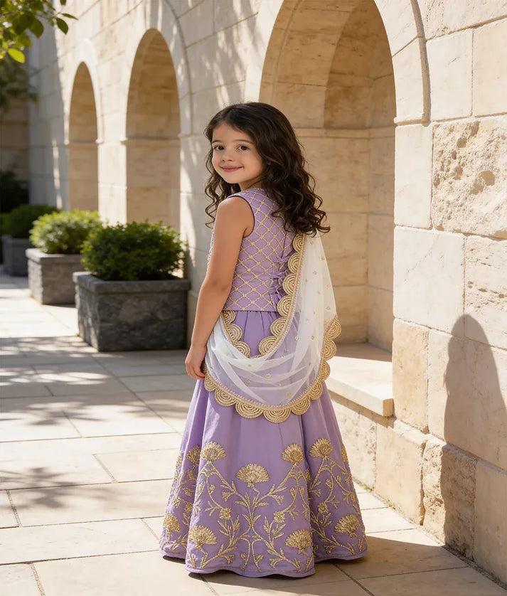 Luxe Light Purple Embroidery Light Purple Gota Embroidery Lehenga with Choli Boti Net Dupatta for Girls
