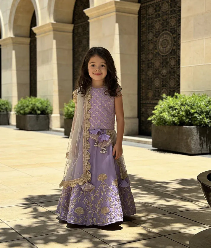 Luxe Light Purple Embroidery Light Purple Gota Embroidery Lehenga with Choli Boti Net Dupatta for Girls