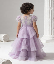 Luxe Lilac Net Gown with White Dori Embroidery for Girls