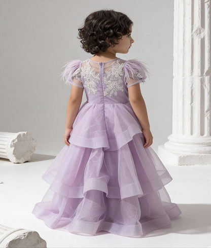 Luxe Lilac Net Gown with White Dori Embroidery for Girls