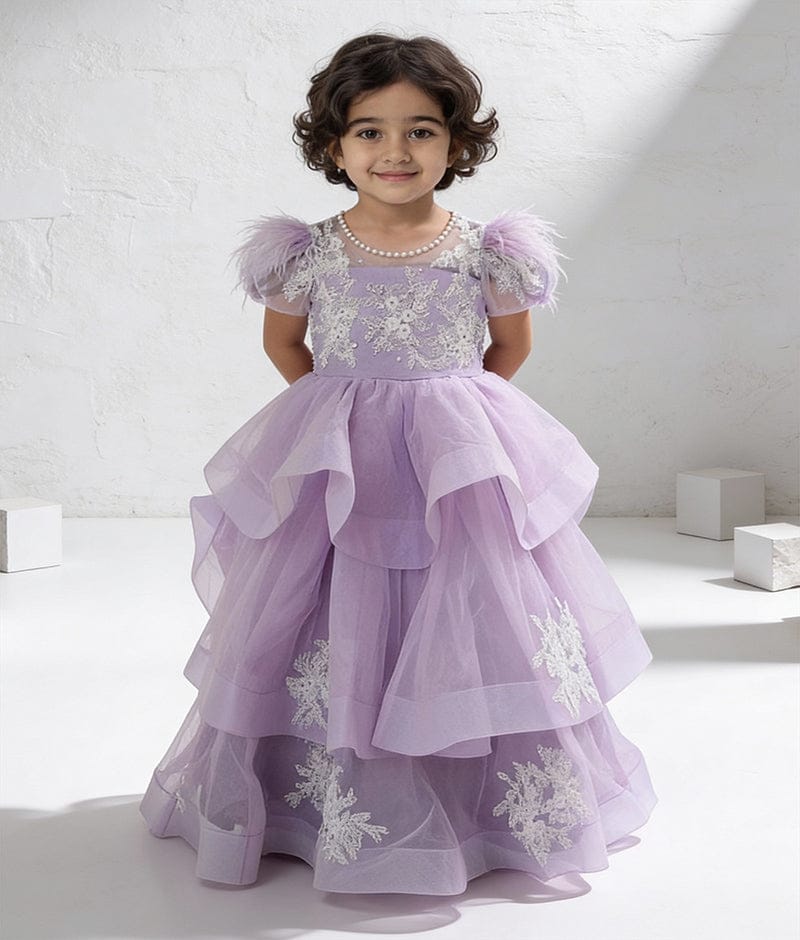 Luxe Lilac Net Gown with White Dori Embroidery for Girls