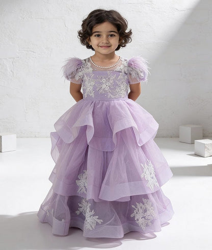 Luxe Lilac Net Gown with White Dori Embroidery for Girls