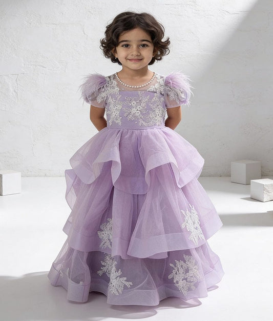 Luxe Lilac Net Gown with White Dori Embroidery for Girls
